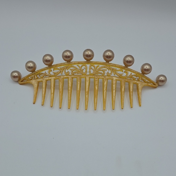 Large Vintage Honey And Gold Color Hair Comb with Pearls